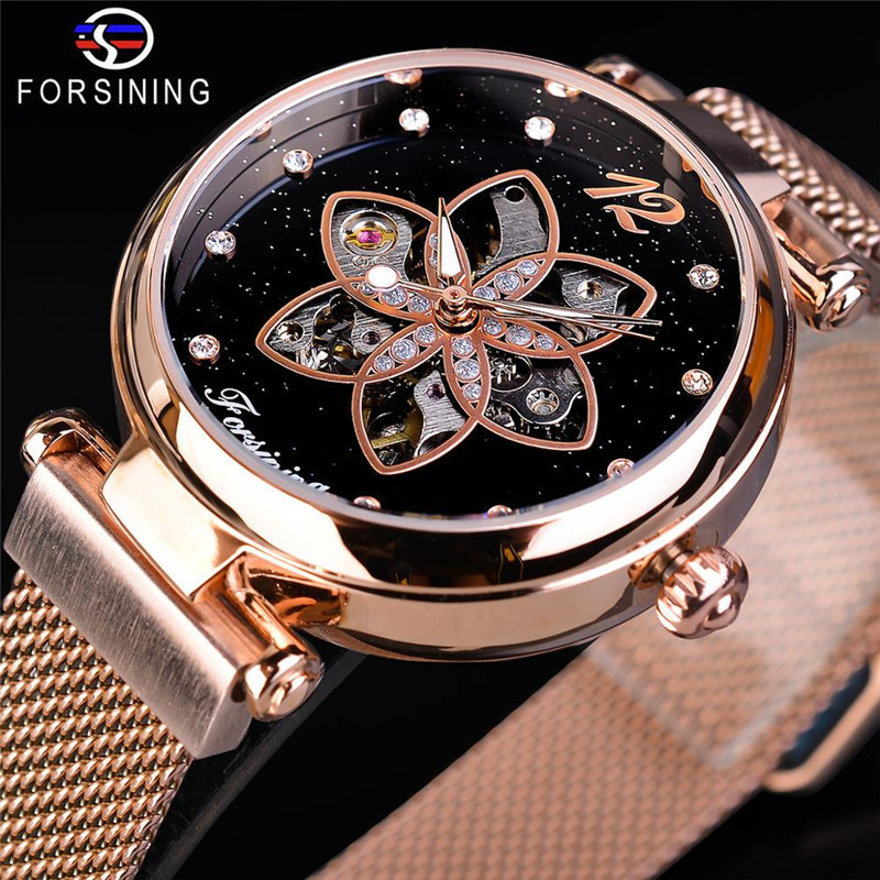 Watch Winder Compact - นาฬิกาข้อมือผู้หญิง Forsining ดีไซน์ทันสมัย ไฟกลางคืน กันน้ำ ลายดอกไม้โปร่ง