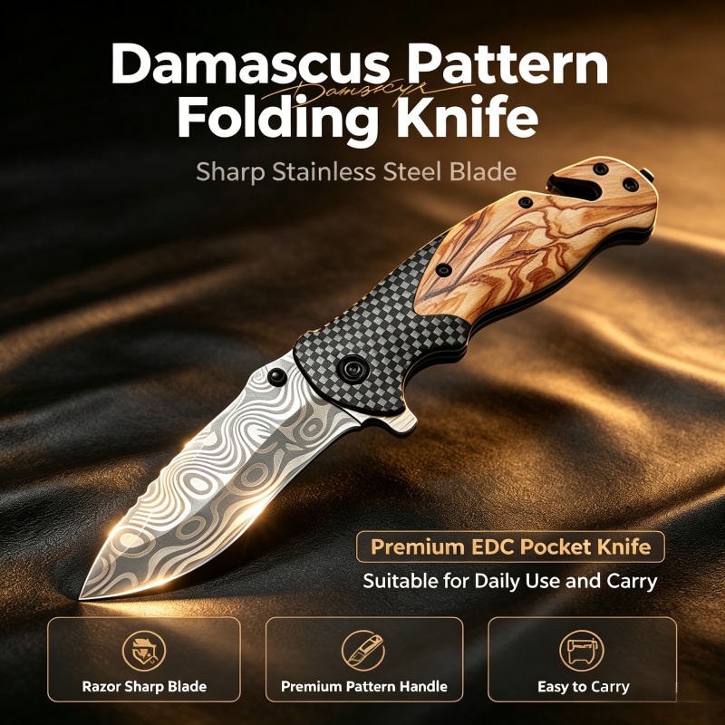 Edc Concealed Carry Knife - มีดพับลายดามัสกัส ใบมีดสแตนเลสคมกริบ คุณภาพพรีเมียม เหมาะสำหรับการใช้งานในชีวิตประจำวันและพกพา